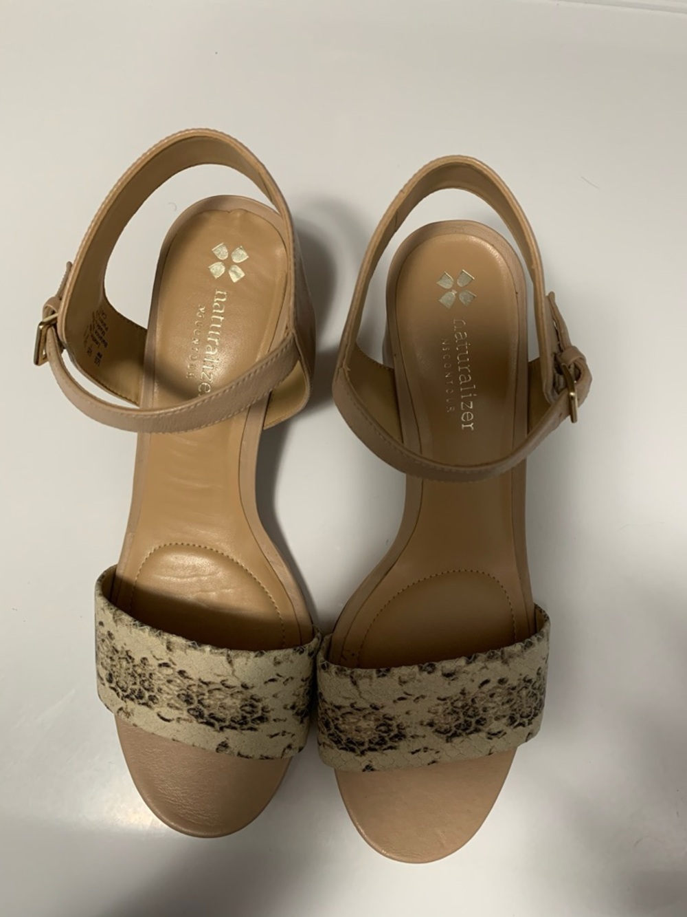 Naturalizer Tan and Cream Floral-Patterned Ankle-Strap Sandals